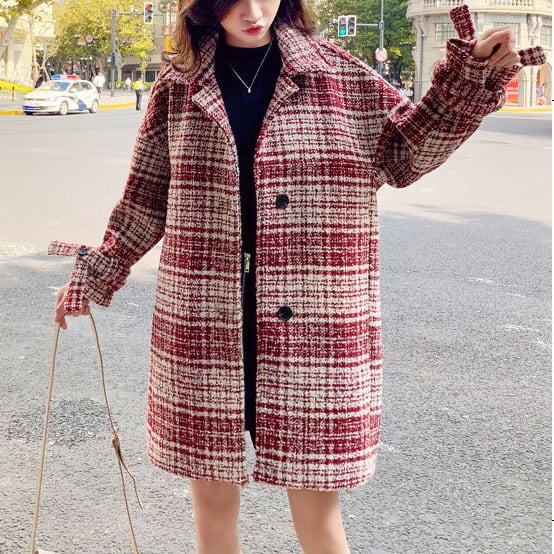 アウター 上着 コート ハーフコート ステンカラーコート オーバーサイズ ミドル丈 チュニック丈 チェック 格子柄 ステンカラー 襟付き シングルブレスト 温かい 防寒 防風 体型カバー lout04