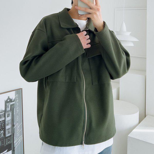 メンズソリッドポケットカラーネックジップアップジャンパー5C-JUA-Q110-カーキ