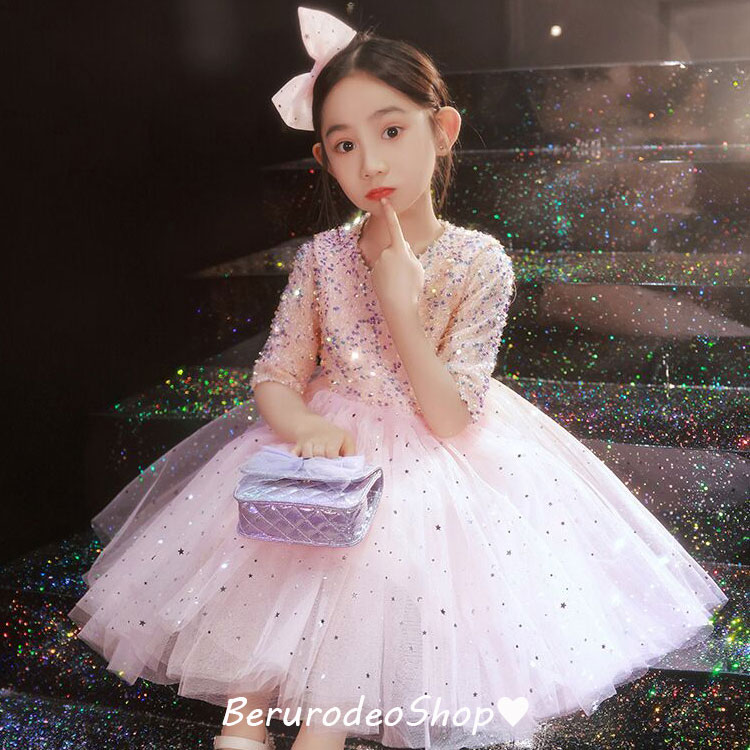 子供ドレス ピンク スパンコール キラキラドレス 女児ドレス ピアノ発表会 演奏会ドレス 入学式 卒業式 女の子ドレス 7分袖 長袖 ショート丈 ロング丈 3タイプ 子どもドレス ロングドレス キッズ
