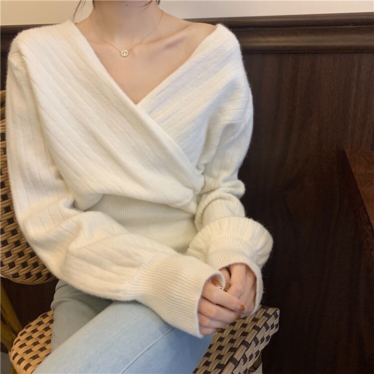 ニットトップス　ニットソー　長袖　オフショルダー　レディース 冬 トップス　vネック　柔らかい