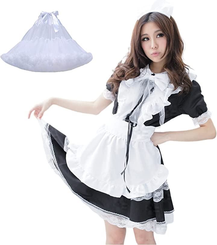 メイド服 コスプレ ロリータ コスプレ衣装 パニエ付き 5点セット(ブラック, 5XLサイズ)