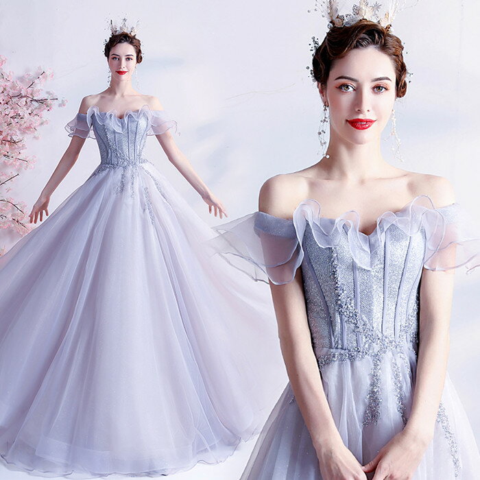 お色直し カラードレス　ウェディングドレス 着後レビュー特典のチュールにビーズ刺繍が可愛いオフショルダーAラインロングドレス インポート ワンピース ウェディング ドレス XS S XL XXL XX