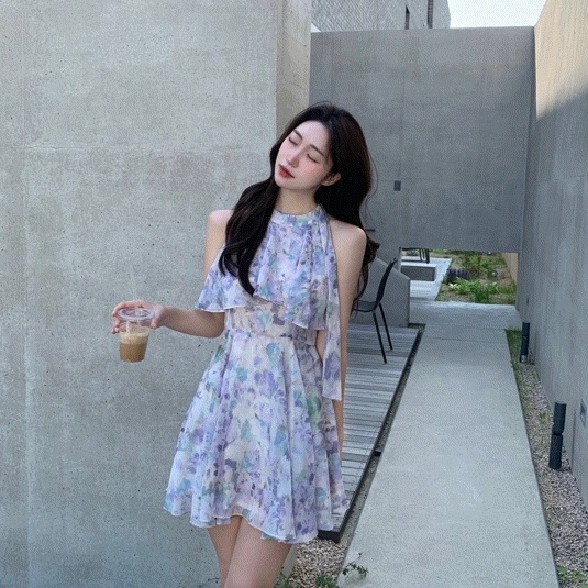 [*休養地ルックおすすめ*ブランド工場] 24ss ダナン 水彩画 ホルターネック シフォン ミニワンピース フリル ミニワンピース 夏 旅行ルック お呼ばれルック