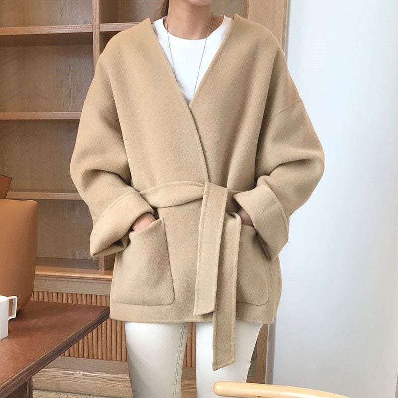 ノーカラーコートベルト付きジャケットアウターエラシャコート秋物ミディアム丈レディース