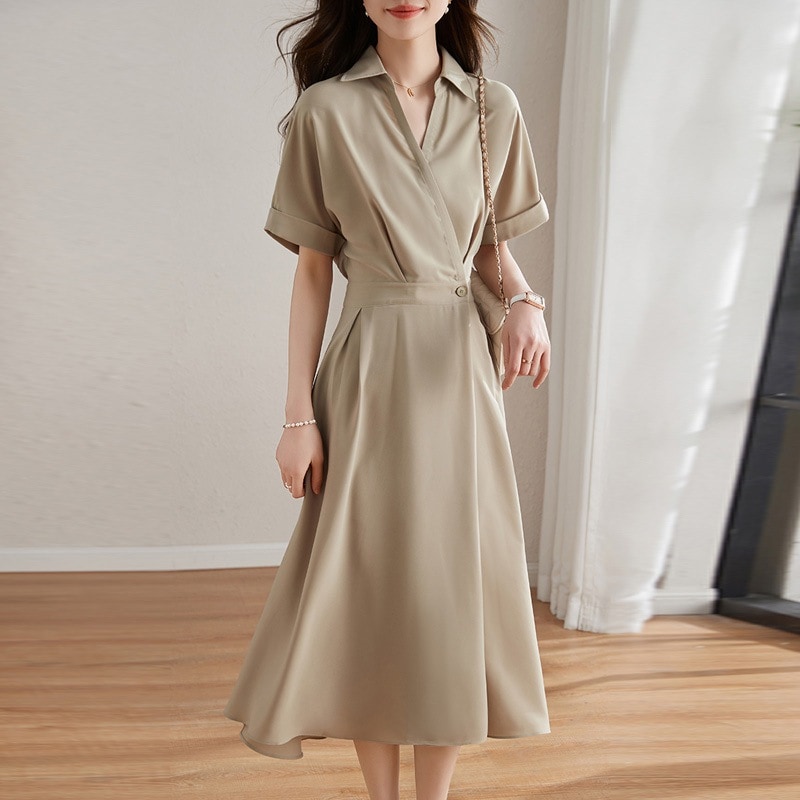 襟付き カシュクール シャツワンピース フレア Aライン ワンピース ミドル丈 フレアタイプ エレガント 上品 半袖 清楚 レトロ かわいい 大人可愛い おしゃれ スタイルアップ ウエストマーク フェ