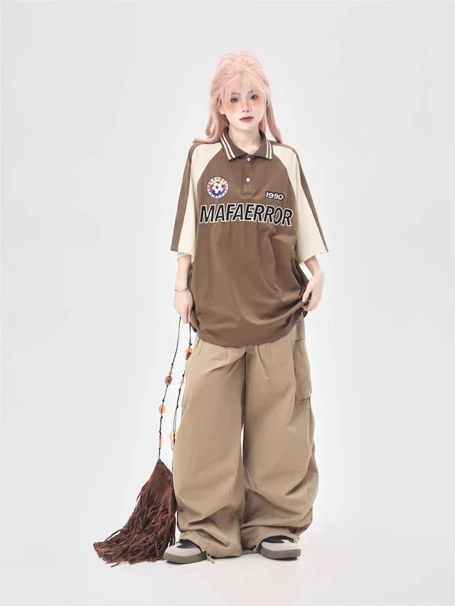 襟付き Tシャツ ワンピース ラグラン Tシャツ 2color