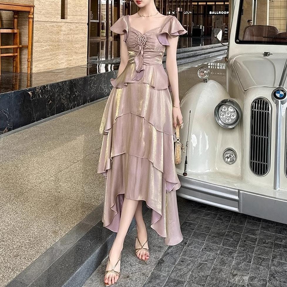ドレスワンピース ドレス ワンピース ロングティアードワンピドレス スクエアネック 半袖 ロング丈 シフォンワンピース ティアードワンピース 光沢 無地 フラワーモチーフ レディース パーティードレス