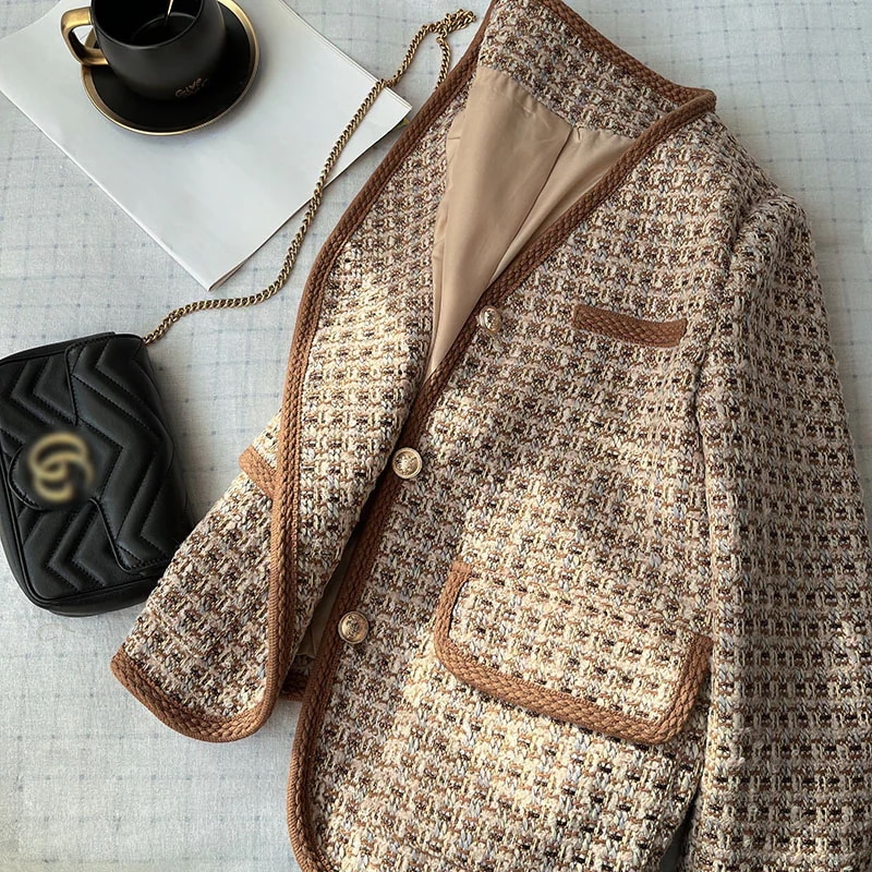 秋冬 ツイード ネット 赤 カーキ 小さい 香り 気質 セレブ 小さい スーツ ショート ジャケット スーツ 女性 ジャケット スーツ レディース