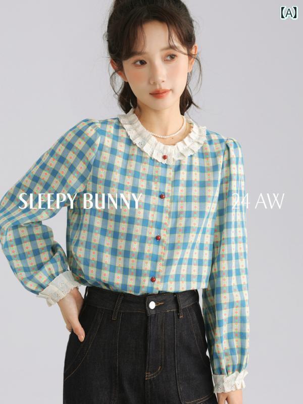 レディース チェック トップス ヴィンテージなレースの入った秋ウサギ目覚まし衣装.色とりどりで幅広い襟元.シルエットをスマートに見せる柄入りカジュアルシャツ