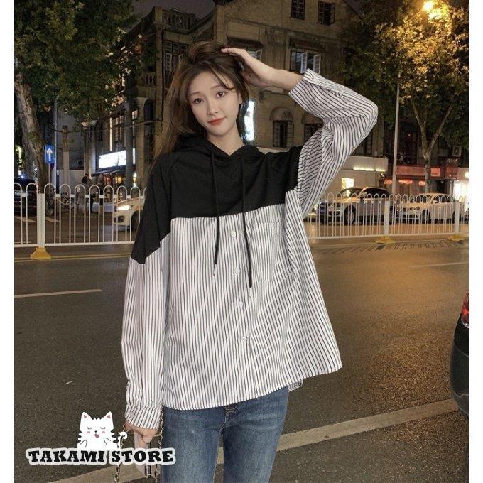 ドッキング パーカー シャツ ストライプ レディース トップス 長袖 秋 春 フード付きパーカー フーディ― プルオーバー カジュアル シンプル 白 黒 韓国