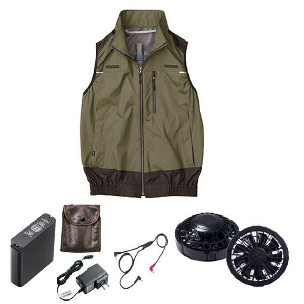 KU92120 空調服 R ポリエステル製 遮熱フルハーネス仕様ベスト FAN2200B・RD9261・LIPRO2セット カーキグリーン 4L