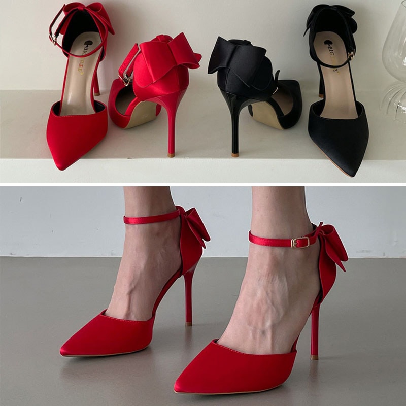 2color 女性らしい, エレガント, 上品な雰囲気の バックリボン付き ハイヒール．ピンヒール 安定感のあるストラップ付き ポインテッドトゥ サテン パンプス