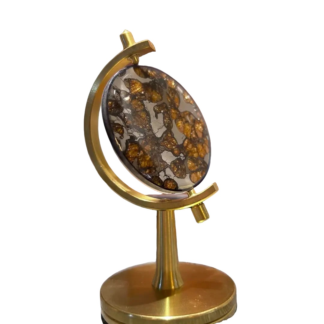 [本物宇宙芸術] 天然ケニア・セリコ石鉄隕石 回転地球儀オブジェ 一点物 天然ペリドット結晶 証明書付き (インテリア 開運 ギフト)