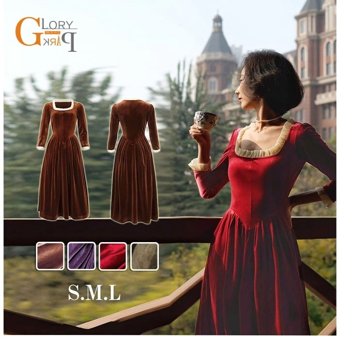 ワンピース レディース レトロワンピ 春 秋 冬 ビロード 長袖 ティーパーティー プリンセスドレス ベロアワンピース 無地　Aライン 体型カバー お呼ばれ　結婚式