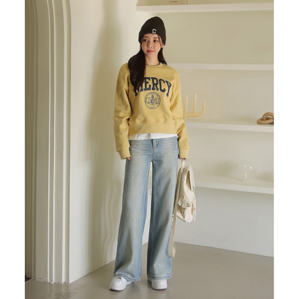 フレンチシックペインティングウォッシュデニムワイドパンツ