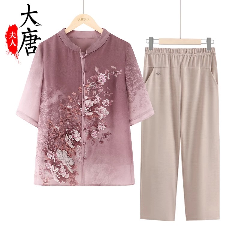 お母さん向け夏物半袖シフォンシャツセット中高年女性向けおしゃれなおばあちゃん向けおしゃれな夏服