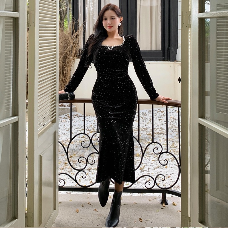 大きいサイズ XL-5XL フランス風 レトロ イブニングドレス ブラック おしゃれ 着やせ マーメイド フォーマル パーティー ドレス お呼ばれ 演奏会 成人式 同窓会 卒業式 キャ