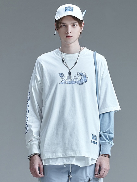 トレンドのヒップホップピュアコットンプリントフェイク長袖Tシャツ