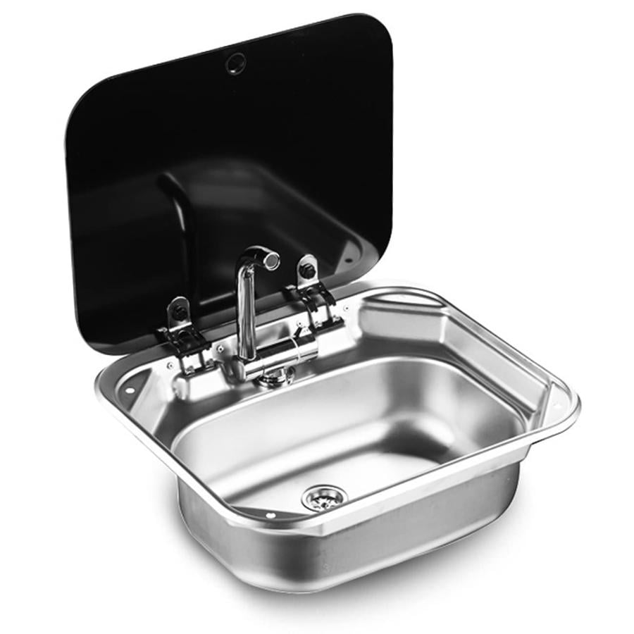 RV キャンピングカー シンク 小型 キッチン ステンレス シンク 冷温切替 折りたたみ式隠水栓 強化ガラス蓋付き RV旅行トレーラー ガーデントイレ