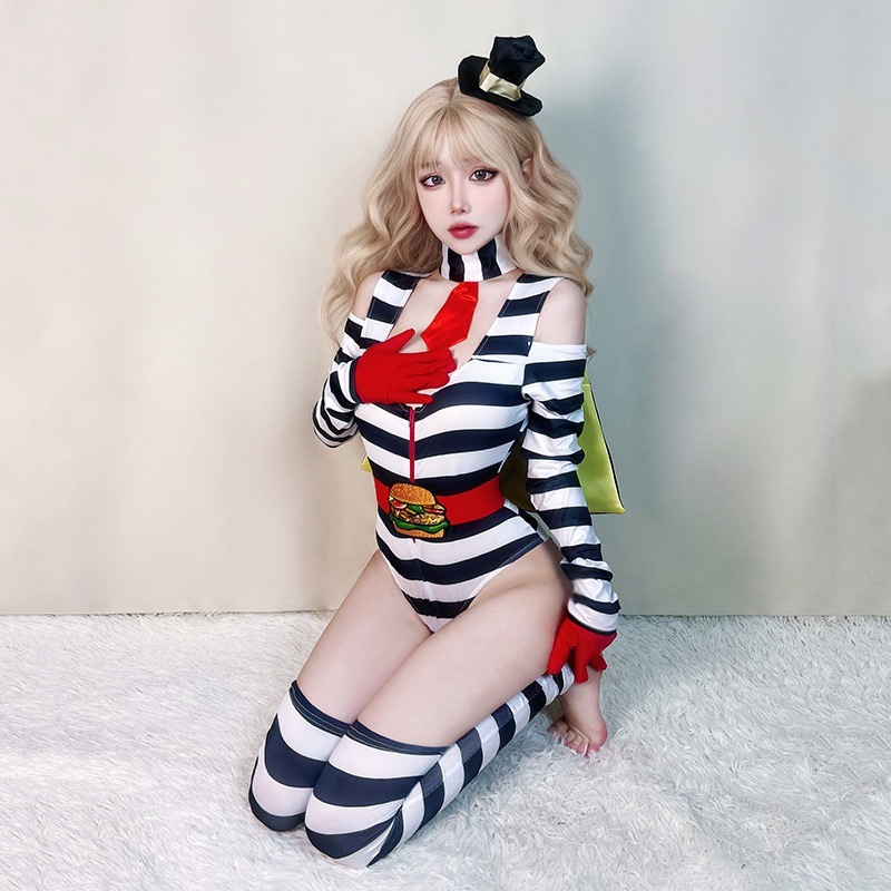 魂を揺さぶるピエロサーカスストライプピエロコスプレコスチュームセクシーなハロウィン大人コスチュームクロスボーダーレディースパフォーマンスコスチューム