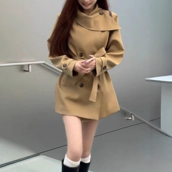 金色の気質カジュアルウエストウインドブレーカージャケットレディース2025多用途ブレスト通勤トップ女性用