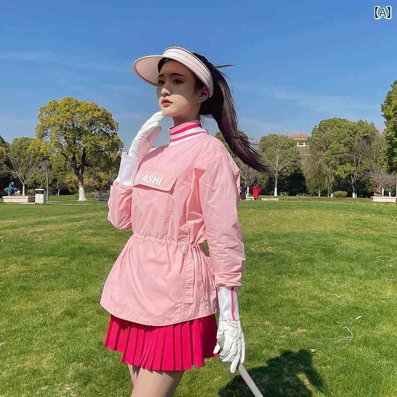 ゴルフウェア レディース 速乾 長袖 防晒 上衣 UPF50+ ピンク バラ 百褶 スカート セット 夏 春 秋 化繊混紡 ニット スパンデックス ランニング テニス ゴルフ ピンク バラ