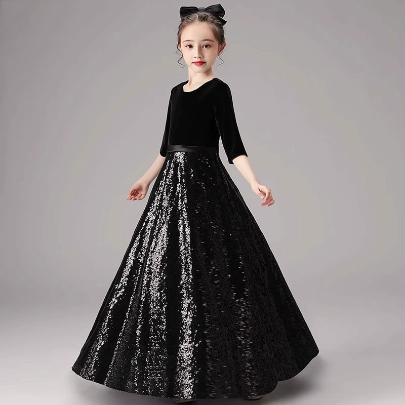 女の子と子供のバイオリンピアノのグレーディングパフォーマンスドレスビッグチルドレンズベルベットヘビー業界のスパンコール長いプリンセスドレス