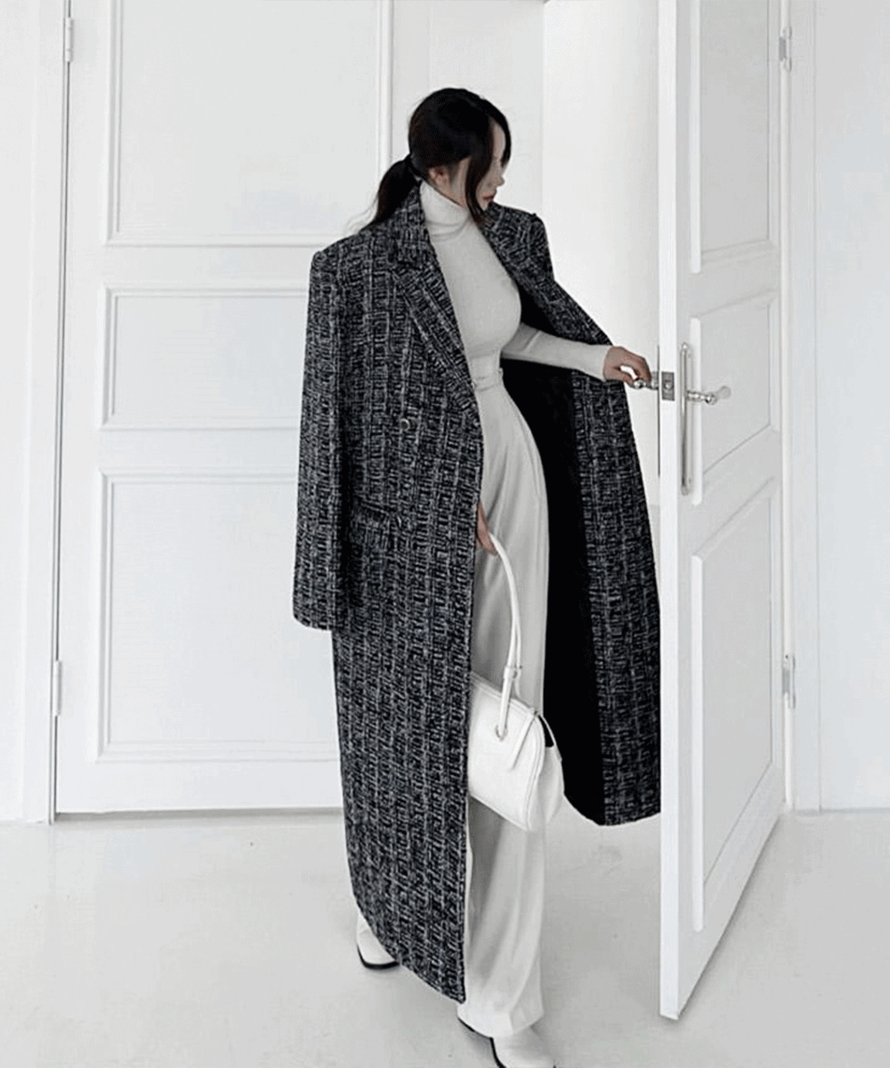 ツイードウールダブル ロングコート(ブラック)