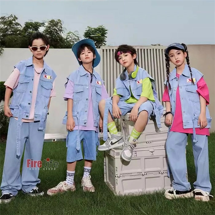 キッズダンス衣装 デニムベスト ロングパンツ ハーフパンツ 男の子 女の子 jazz ジャズダンス ヒップホップ ステージ衣装 イベント 発表会 団体服 5,303円