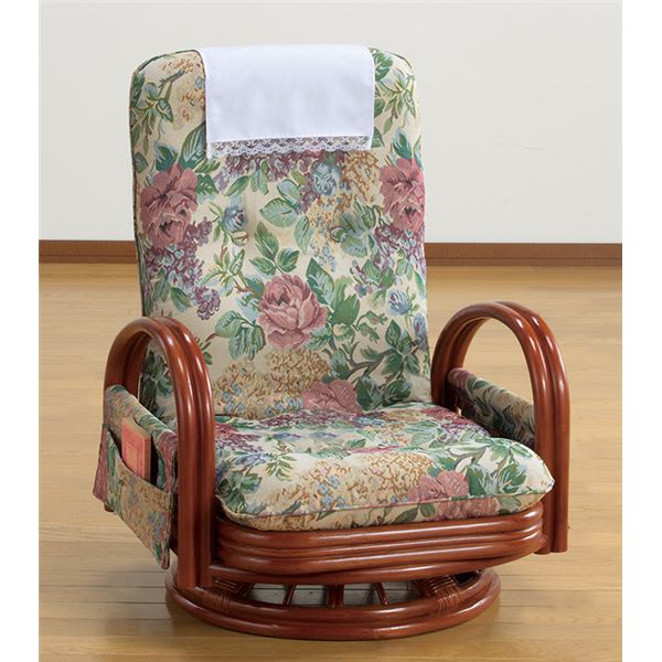 天然籐リクライニングハイバック回転座椅子ロータイプ （サイドポケット付き）