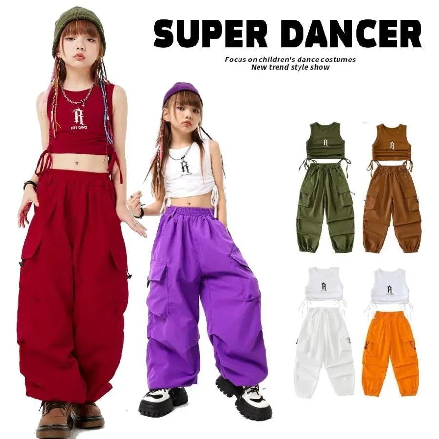 ヒップホップ 衣装 セットアップ 子供ダンス服 ダンスウェア キッズダンス衣装 トップス カーゴパンツ 紫 オレンジ 赤 カーキ 茶色 白30%までに制限
