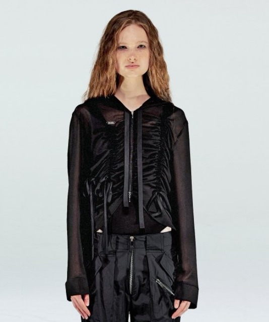 【NACHE】 SHIRRING CHIFFON HOODIE ZIP-UP : BLACK
