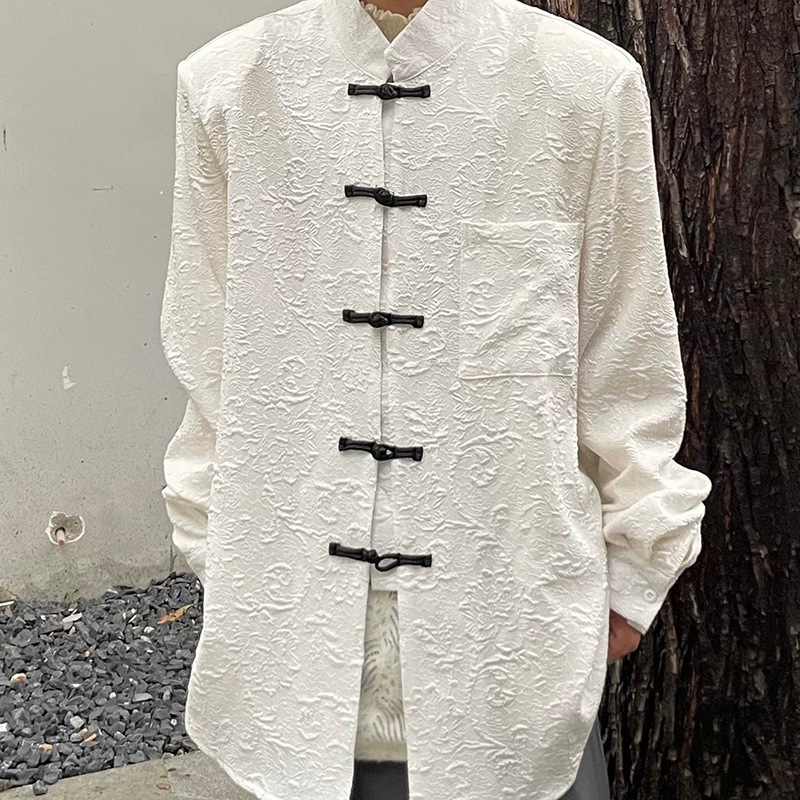 チャイナ風シャツ レディース 長袖 ジャガード トップス ユニセックス スタンドカラー メンズ 黒/白 男女兼用 ストリート系