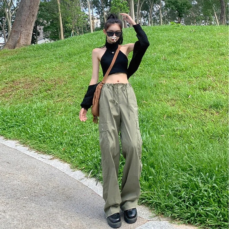 アメリカンレトロスモールミリタリーグリーンカジュアルオーバーオール女性用夏薄手ハイウエストルーズストレートワイドレッグパンツトレンディ