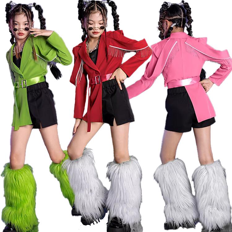 セットアップ キッズ ダンス衣装 JAZZ ジャズ グリーン レッド ピンク ジャケット レッグウォーマー*2 女の子 ヒップホップ チアガールズ ダンス 緑 桃色 コート K-POP 赤