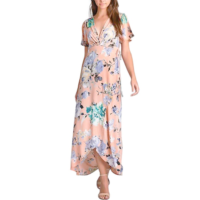 ワンピース マキシ丈 半袖 スリットスリーブ 深Vネック カシュクール 花柄 チューリップヘム ラップ S.M.L サーモンピンク from USA EM230817LA001