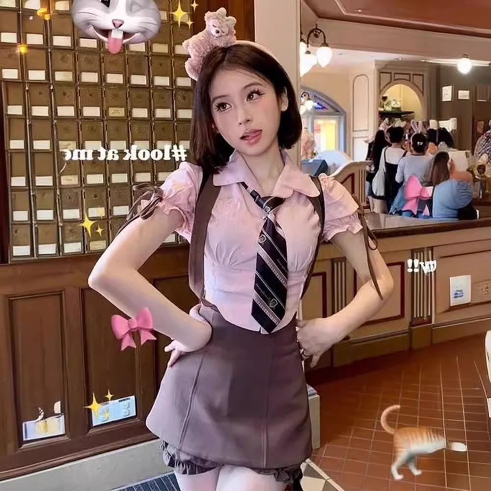 女子高生風JK制服セット夏アメリカンレトロピンクの半袖シャツハイウエストサスペンダースカートツーピースレディースセット