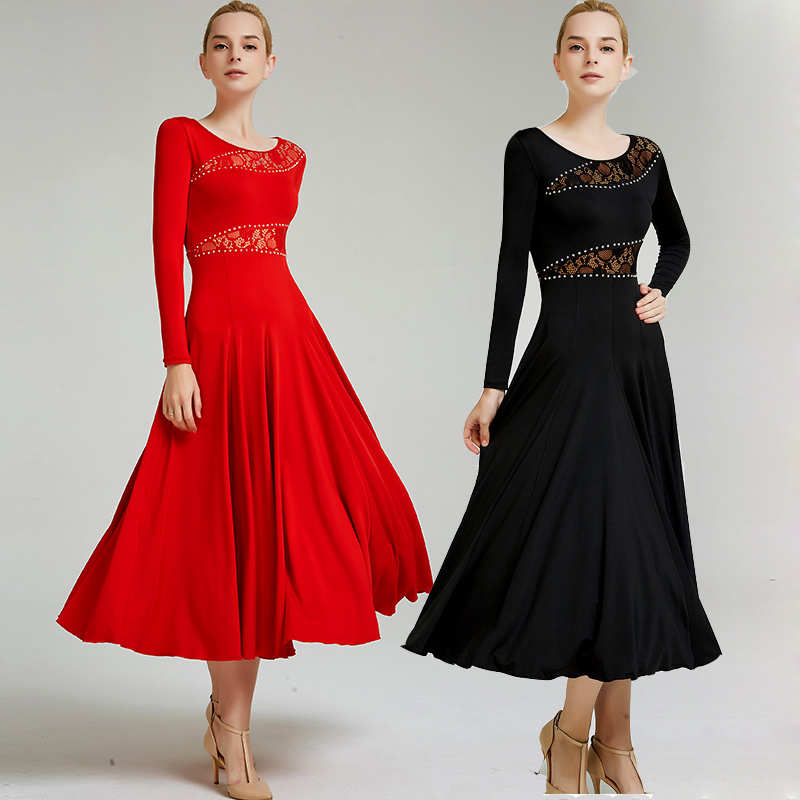 社交ダンス 衣装 モダンドレス 赤 黒 ブラック レッド 大きい裾 ワンピース ダンス 発表会 競技着 練習着 演出 スタンダードドレス ワルツダンス ウェア ワンピース 豪華 演出 舞台 イベント
