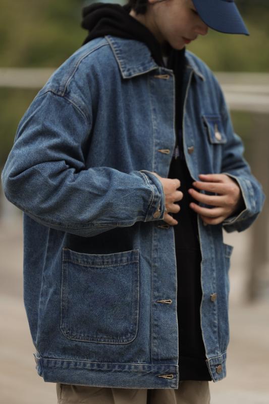 ヴィンテージ風風 ウォッシュド ダメージ ポケット デニム ジャケット ワークウェア 快適 コート トップスス