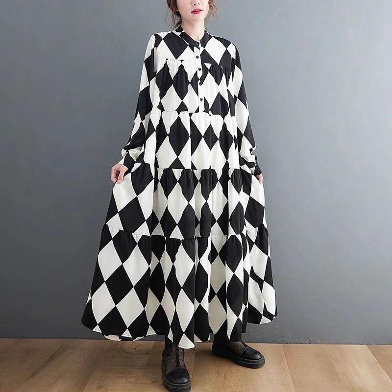 「ファットガール」 黒白 チェック柄ワンピース ドッキング シャツワンピース 長袖 春秋 レディース 大きいサイズ ロングワンピース 体型カバー 日焼け止め メガ割30%までに制限