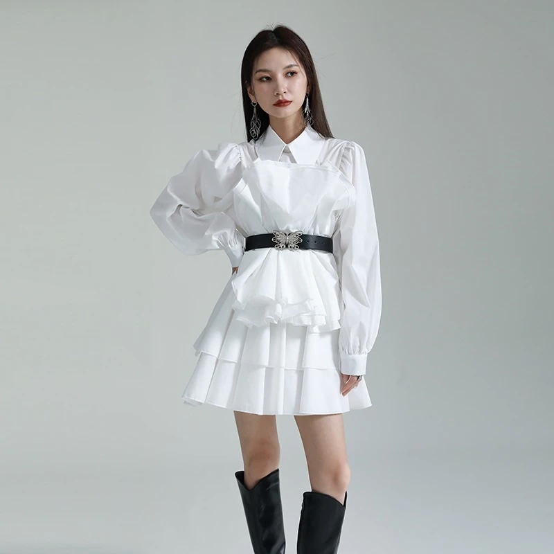 春でもブラウス2024小衆デザインハスの葉縁バブル袖ベルトケーキワンピースAライン着痩せ若見え