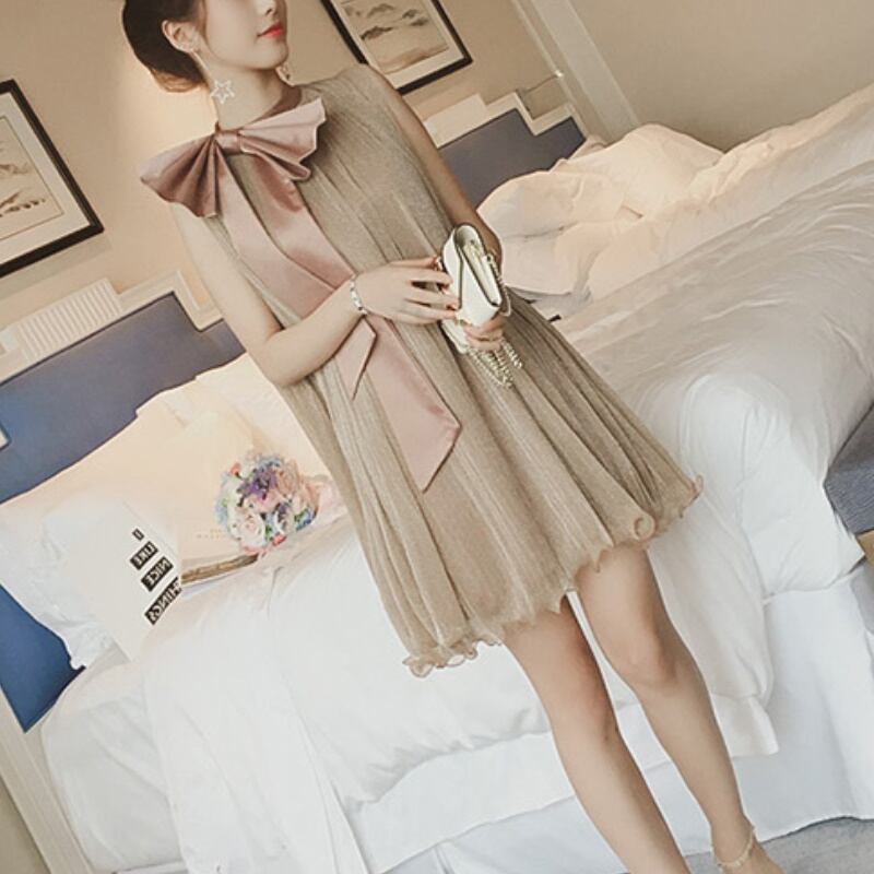 2color レディース ワンピース リボン フレア ひざ丈 ノースリーブ ベージュ ブラック 春