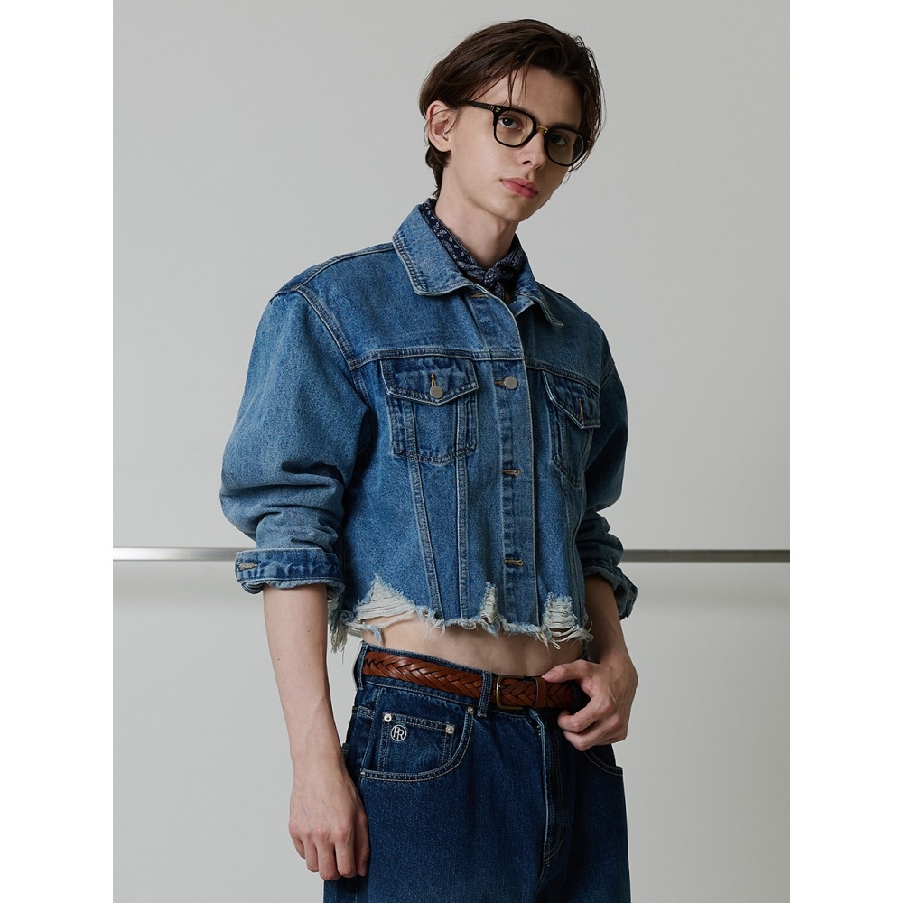 FREI ダメージクロップドデニムジャケット (ブルー)