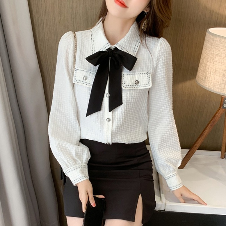 リボン付きブラウス レディース トップス ブラウス シャツ 襟付き パールボタン レトロシャツ ステッチ 長袖 フェミニン ボウタイブラウス 大きいサイズ 白 ホワイト 大人可愛い きれいめ 上品
