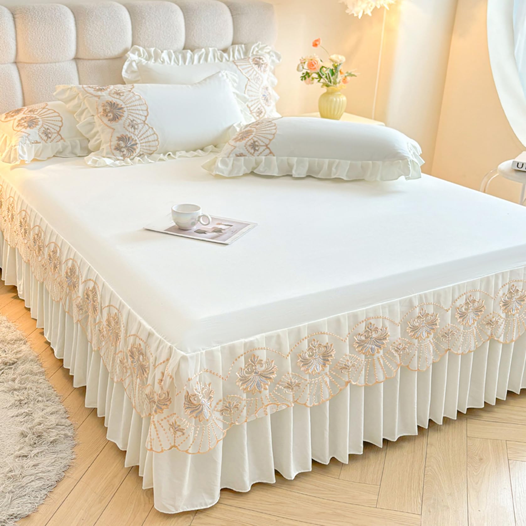 Fzigenle ベッドスカート 姫系 コットン 綿 レース 上品 セミダブル きれいめ エレガント フリル ベッドカバー シーツカバー マットレスカバー A150*200 ズレ防止ヒモ付き 通気性