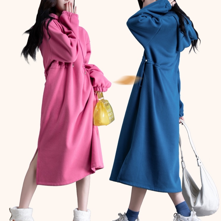 ワンピース フードドレス カジュアルドレス 長袖 ロング丈 スリット ハイウエスト 秋 冬 プラススエード フード付き ポケット ロングスカート ドロスト ガーリー デイリー 通勤 通学 普段使い