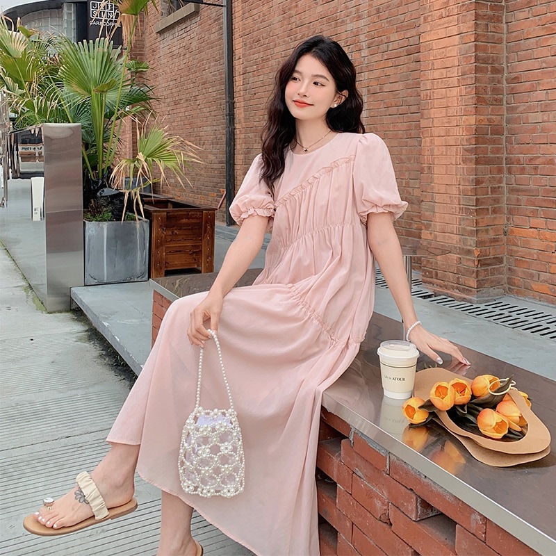 甘い不規則なデザインのピンクの気質スリムウエストスリムドレスロングスカート女性夏用