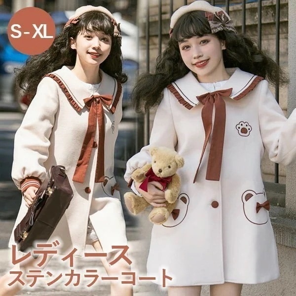 ステンカラーコート ロリータ 冬服 リボン レディース ジャケット ショートコート コート ロリータコート ロリータアウター トップス アウター 小柄 可愛い 学生 通学 通勤 着瘦せ 女の子 長袖防