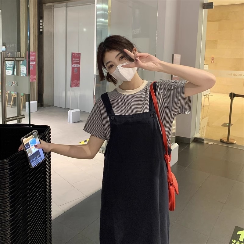 トップス ワンピース Tシャツ ジャンパースカート 膝丈 ひざ丈 膝下 ミモレ ミモレ丈 袖あり 半袖 ラウンドネック スリム タイト 細身 ストレート 上下セット 2点セット かわいい 大人可愛い