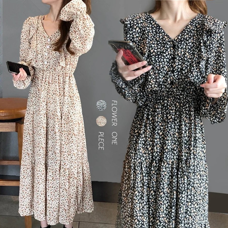 大人气ワンピース レディース 花柄ワンピース 長袖 ロング丈 シフォンワンピ 体型カバー フレアスカート
